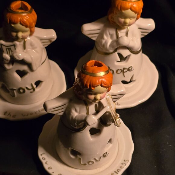 Set Of 3 Ceramic Angel Candle Holders With "Joy" "Hope" "Love" Texts & Heart Cut - Picture 1 of 9